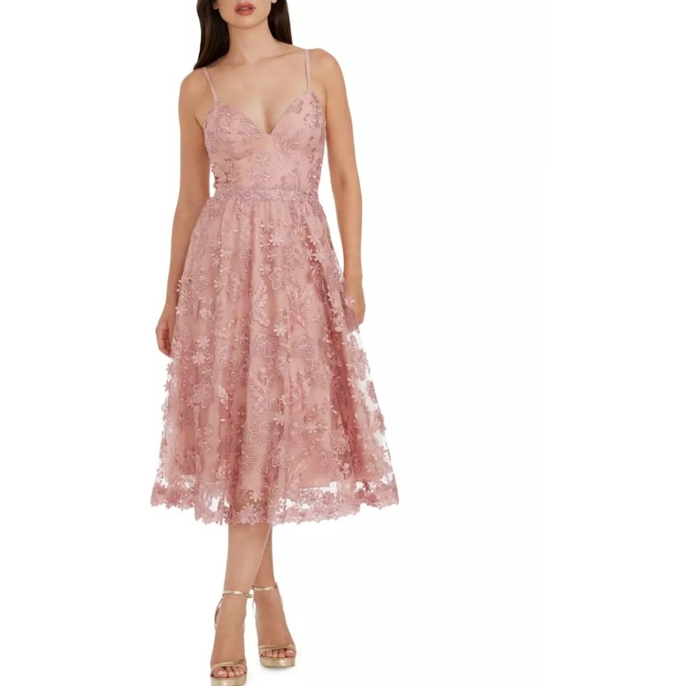 Dress the Population Lace 3D Floral Midi Dress Rose Pink V-Neck Cocktail A-Line